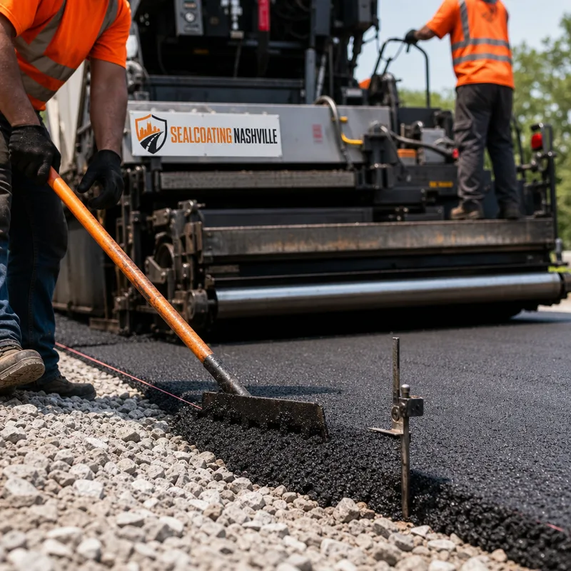 Crew placing and raking asphalt beside a prepared stone base while checking edge thickness and compaction