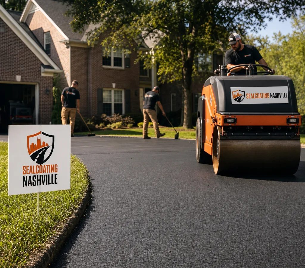 Freshly paved residential driveway with clean edges, a smooth roller finish, and a paving crew in a Nashville neighborhood