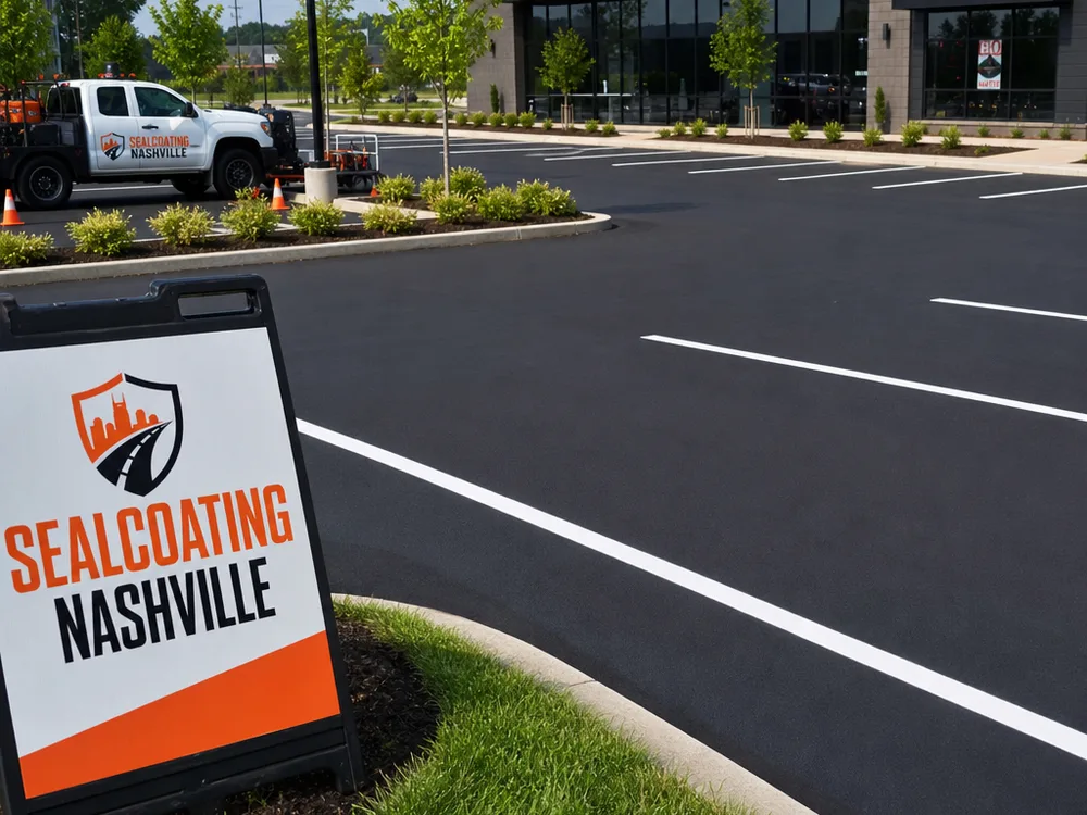 Finished commercial parking lot with smooth entrances, visible striping layout areas, and a proper drainage slope