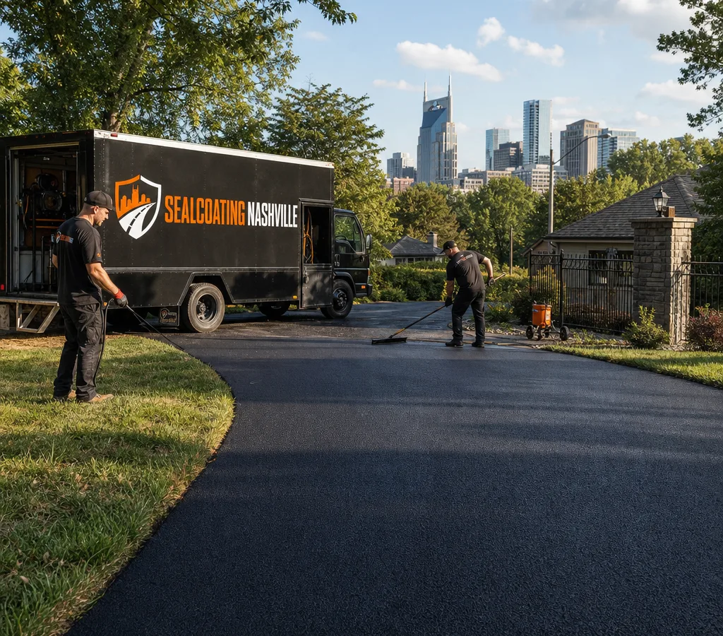 Freshly sealcoated residential asphalt driveway in Nashville with a uniform black finish and clean grass edges