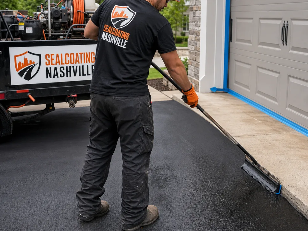 Technician applying driveway sealer while carefully edging a garage apron and protecting nearby borders