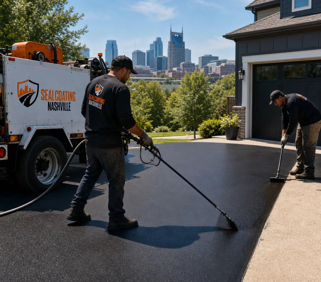 Crew applying fresh sealcoat to an asphalt driveway with spray equipment and hand-edging along concrete borders in Nashville