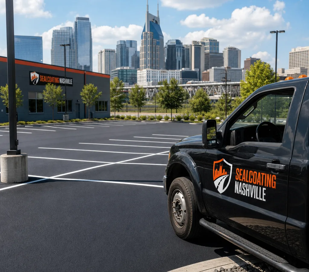 Freshly sealcoated commercial parking lot in Nashville with crisp striping, a uniform dark finish, and vehicles staged away from the work zone