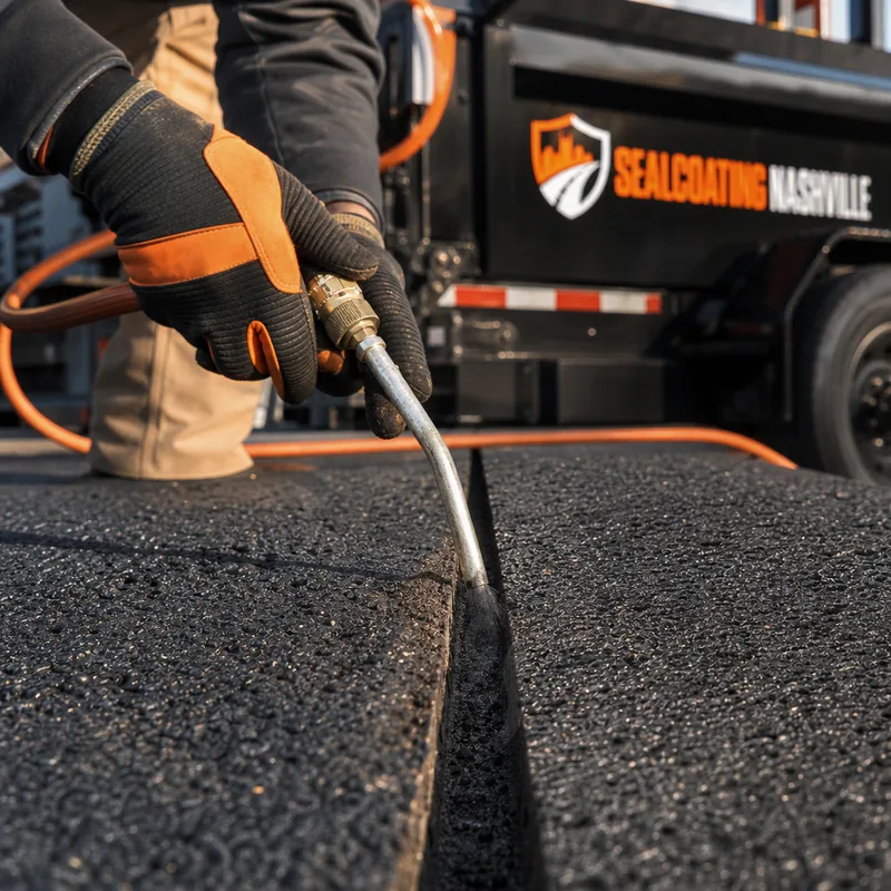 Close-up of a routed asphalt crack being cleaned with compressed air, showing clean edges ready for sealant