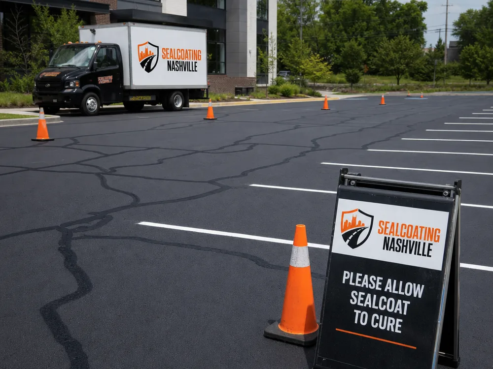 Commercial parking lot with multiple sealed cracks, untouched striping, and cones marking a curing area