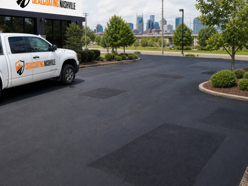 Repaired parking lot drive lane with multiple finished asphalt patches, smooth grades, and tidy cleanup