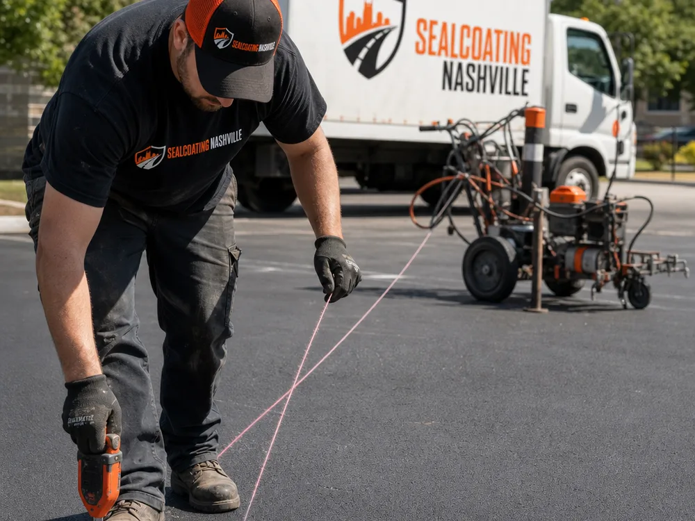 Crew member measuring and snapping chalk lines on an asphalt lot before applying parking lot striping