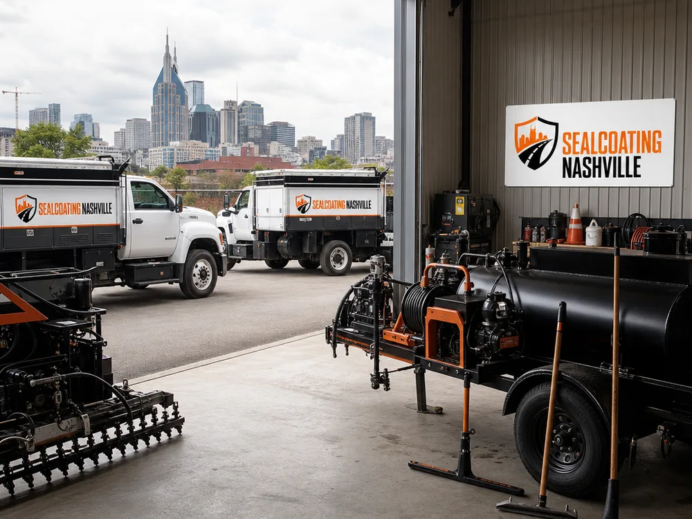 Sealcoating trucks, spray rig, and hand tools staged at the Nashville workspace